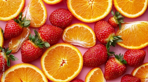 A vibrant array of sliced oranges and fresh strawberries arranged artfully on a pink background.