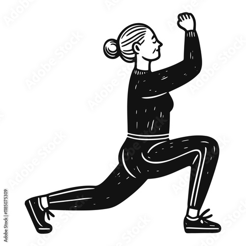 older woman doing a lunge exercise, fitness illustration, stretching, health and longevity sketch