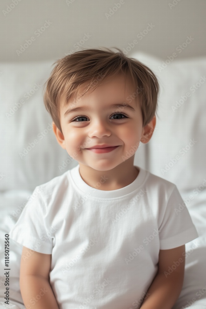 A cheerful young baby boy with short brown hair, wearing a plain white t-shirt mockup , smiles warmly at the camera while sitting on a bed with white bedding. A cheerful young baby boy with short brown hair, wearing a plain white t-shirt mockup , smiles warmly at the camera while sitting on a bed with white bedding.