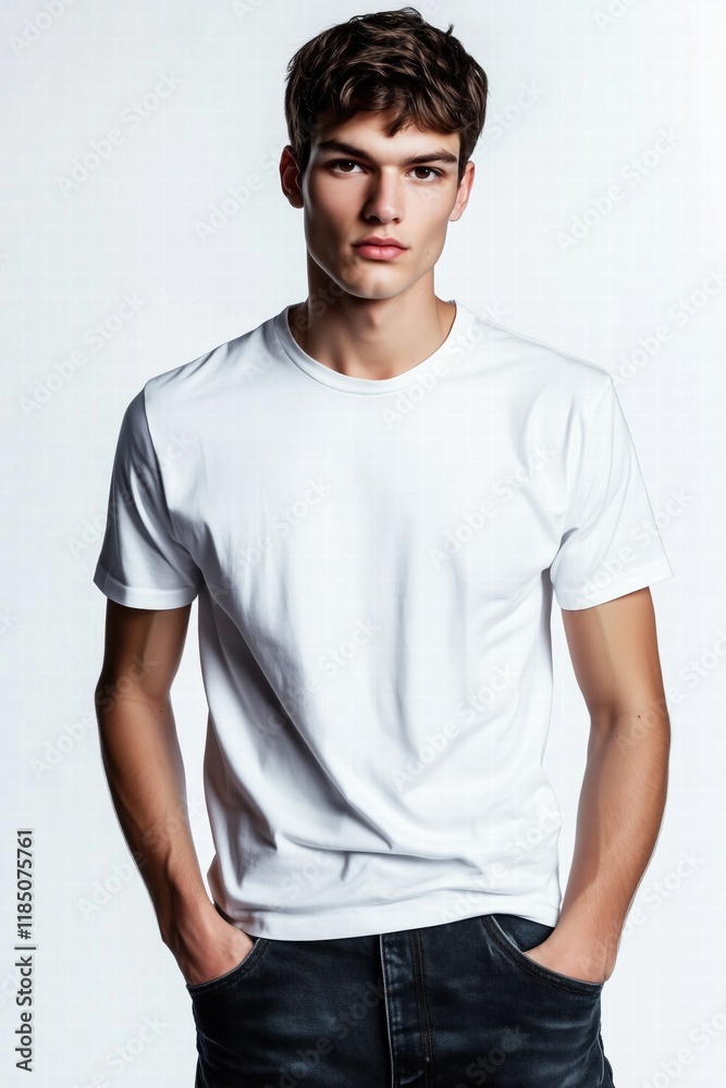 Fototapeta premium A young man in a plain white t-shirt mockup and dark jeans, standing confidently with his hands in his pockets. He has a serious expression and styled hair, against a light background.
