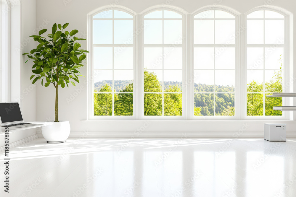 Fototapeta premium Bright Modern Interior with Large Windows Overlooking Nature 