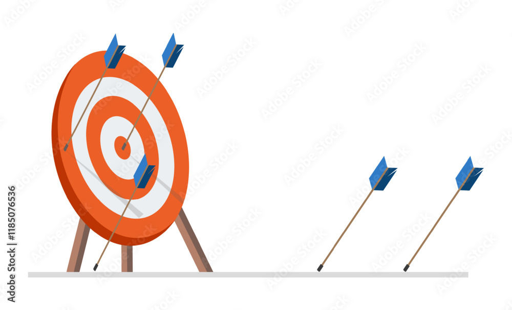 Arrows near the red target - vector targeting and goals illustration.