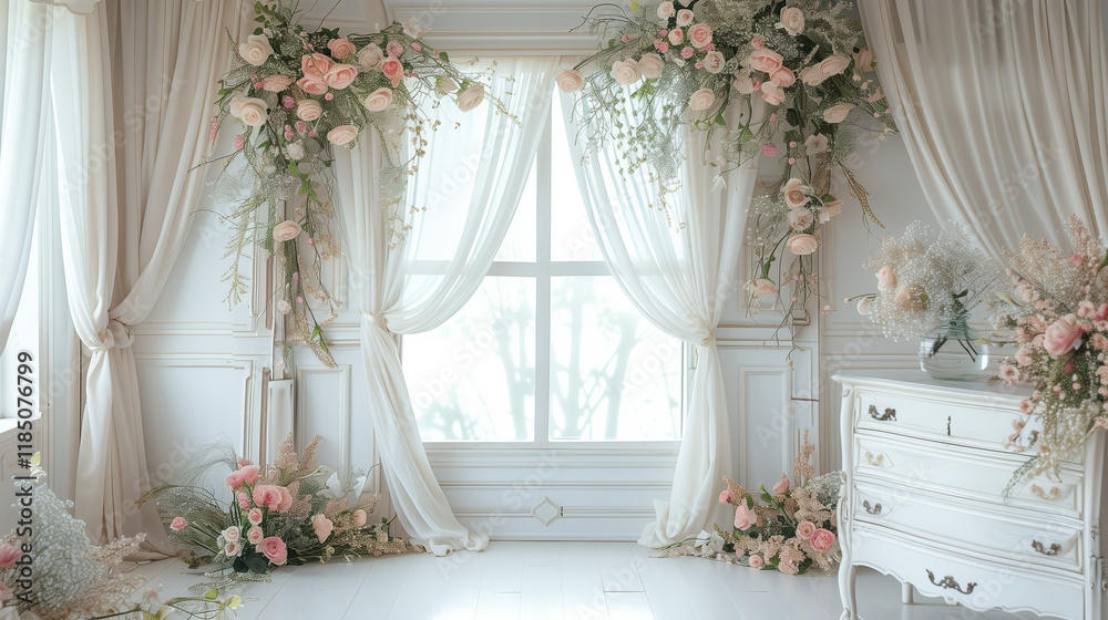 Maternity backdrop, wedding backdrop, photography background with white window with flowers, curtains, a dresser. Maternity backdrop, wedding backdrop, photography background with white window with flowers, curtains, a dresser.