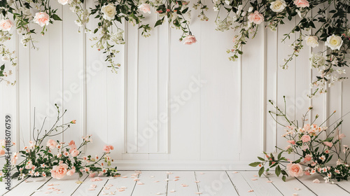 Maternity backdrop, wedding backdrop, photography background with a flowerhoop with beautiful flowers on vintage wall. 