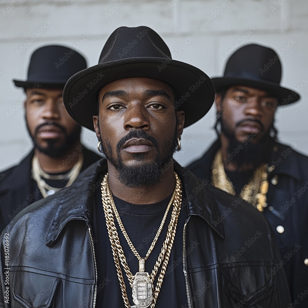 Stylish Men Posing in Hats and Chains with Strong Expressions Stylish Men Posing in Hats and Chains with Strong Expressions