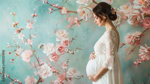 Maternity backdrop, wedding backdrop, photography background with a flowerhoop with beautiful flowers on vintage wall.