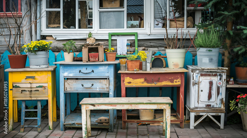 Painting a wooden furniture outdoors, an eco-friendly re-use business. 