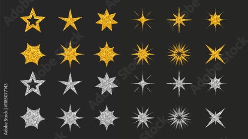 Gold and silver star icon set. Glitter shiny textured stars isolated on black background for your design. Achievement icons. Vector EPS 10