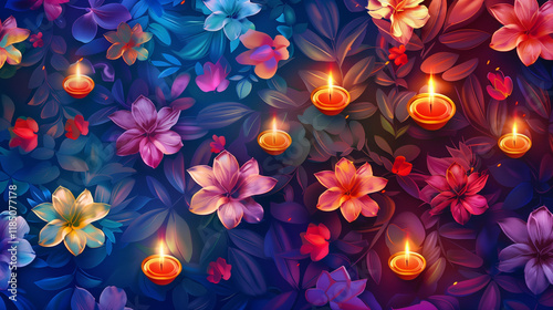 Shiny colorful floral background with illuminated 3D Oil Lamps (Diya) for Diwali celebration.