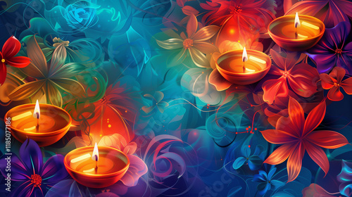 Shiny colorful floral background with illuminated 3D Oil Lamps (Diya) for Diwali celebration.