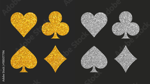 Gold and silver card suit icons. Vector clubs diamonds hearts spades shapes. Casino Poker and gambling graphic elements. Vector symbols