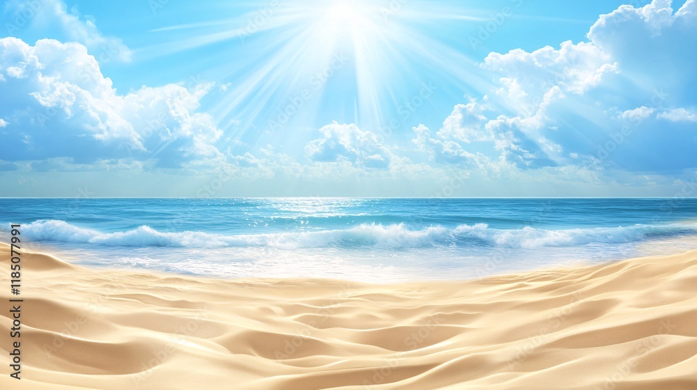 A serene beach scene with soft golden sands and sparkling turquoise waters under a bright blue sky. A serene beach scene with soft golden sands and sparkling turquoise waters under a bright blue sky.