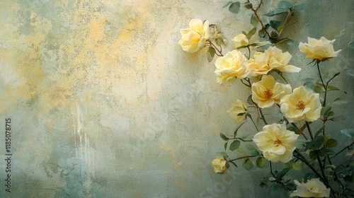 Delicate yellow roses intertwine with soft green leaves, creating a gentle floral display. The muted pastel background enhances the serene atmosphere, inviting a peaceful ambiance