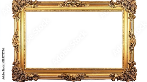 A decorative golden picture frame with intricate designs, ready to display artwork or photographs. photo