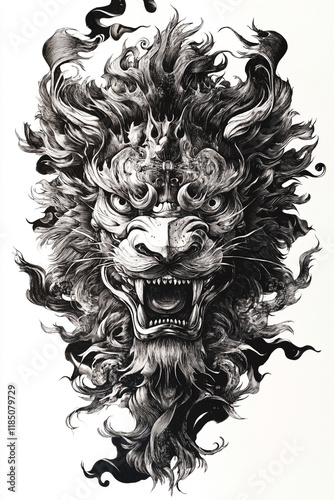 Wallpaper Mural Shishi Lion Mask black and white illustration Torontodigital.ca