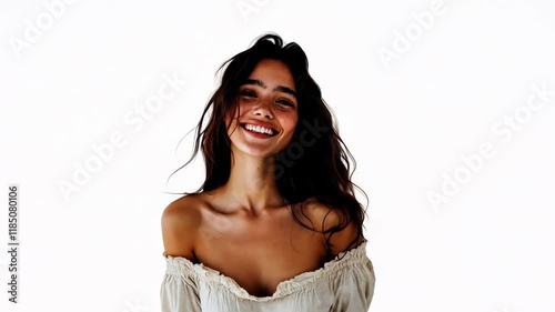 A beautiful young Argentine woman smiles. White background and isolated