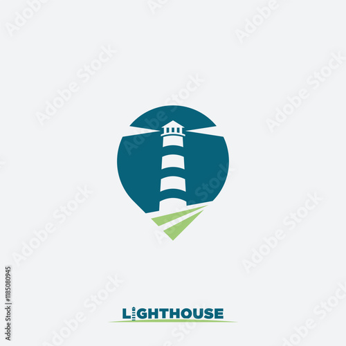 lighthouse logo design vector illustration with waves and circular sun rays in vintage style	