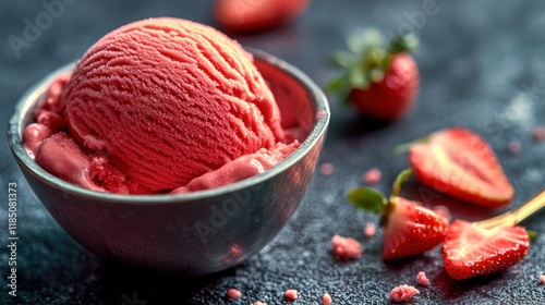 Delicious strawberry ice cream with fresh strawberries on dark background photo