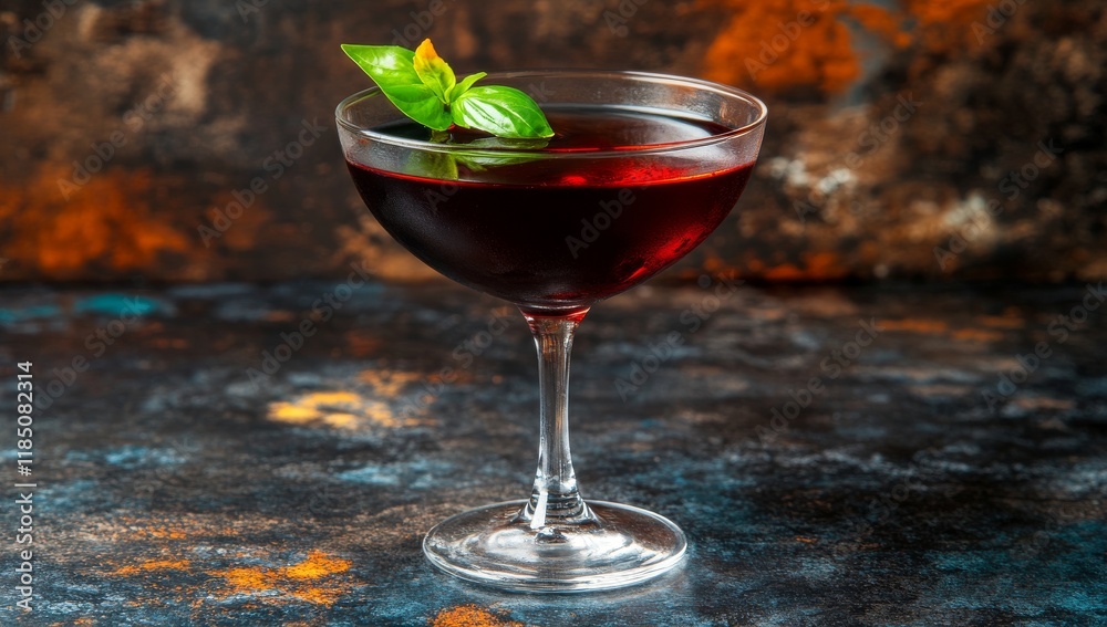 An elegant cocktail featuring a vibrant array of ingredients, topped with a slice of citrus and presented in a stylish glass against a black backdrop