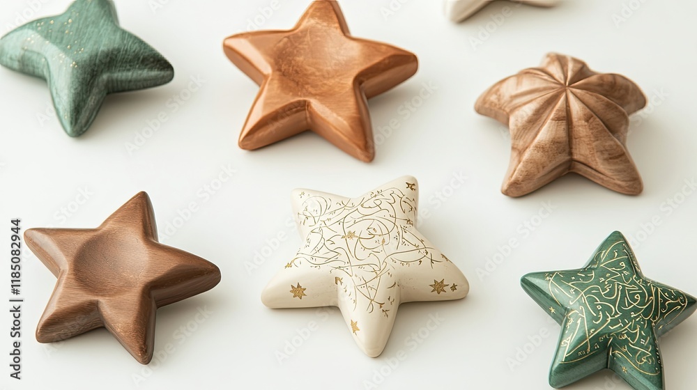 A collection of decorative star-shaped objects in various colors and finishes, ideal for home decor or artistic display. A collection of decorative star-shaped objects in various colors and finishes, ideal for home decor or artistic display.