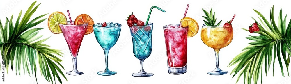 Hand-painted watercolors of summer cocktail glasses on a white background with hand-drawn elements for bar menus, social media listings, and posters Hand-painted watercolors of summer cocktail glasses on a white background with hand-drawn elements for bar menus, social media listings, and posters