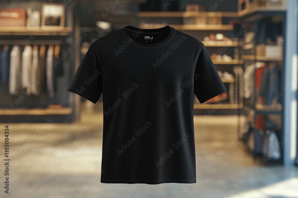 A plain black t-shirt mockup in a retail store setting, with blurred clothing racks in the background.