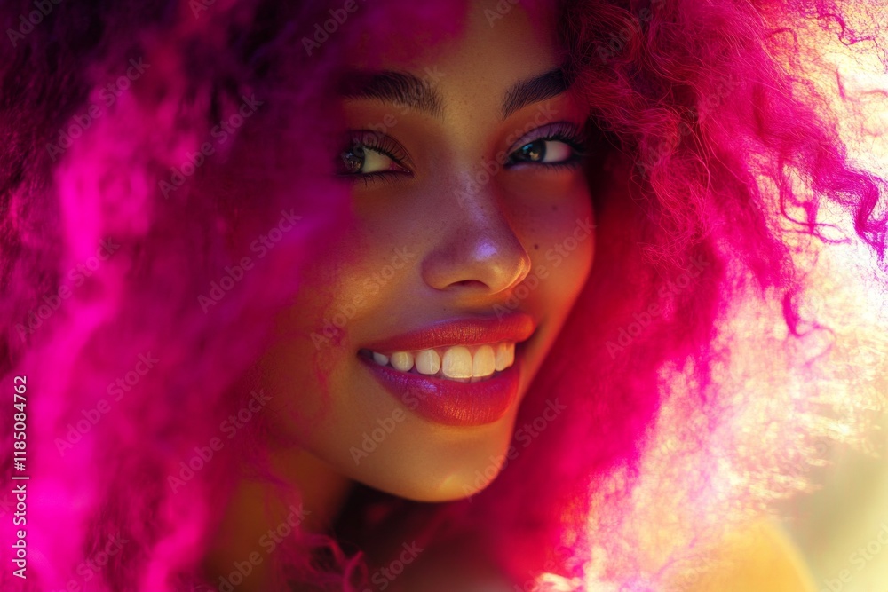 Commercial commercial conceptual art. Long coiffure - afro hair. Pretty happy mixed-race girl - for ads, brochure ad and internet marketing use. African beauty art. Long hair inspiration.