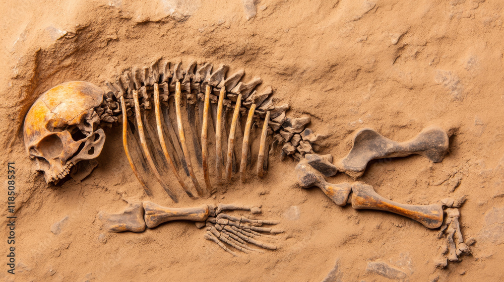 Fototapeta premium Mines and Geological Formations, A detailed close-up image of a fossil embedded in sediment, showcasing intricate textures and features, perfect for educational and scientific use.