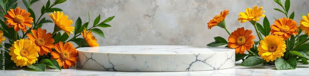 Fototapeta premium Sleek marble podium with natural calendula arrangement, cosmetics showcase, natural products, elegance