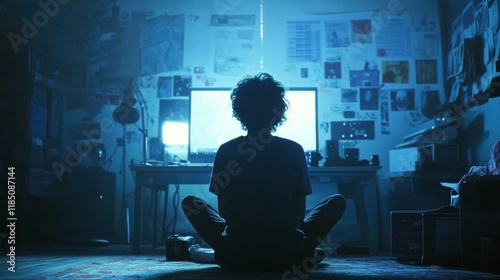 Person sitting on floor, facing large screen in a dimly lit room.
