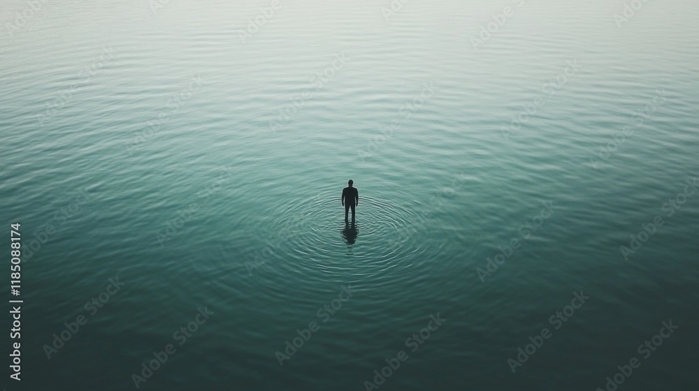 Solitary figure standing in calm, dark water, viewed from above.