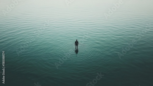Obraz na płótnie Solitary figure standing in calm, dark water, viewed from above. w salonie