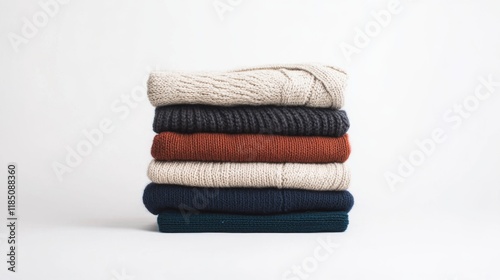 Stack of neatly folded sweaters in various colors and textures.