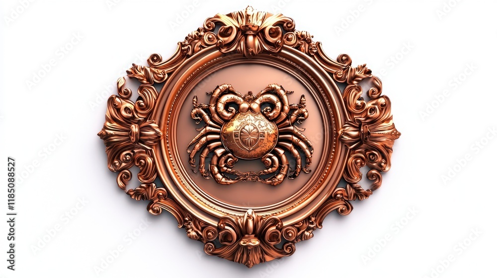 A decorative bronze plaque featuring a crab design, showcasing intricate detailing and an ornate frame. A decorative bronze plaque featuring a crab design, showcasing intricate detailing and an ornate frame.