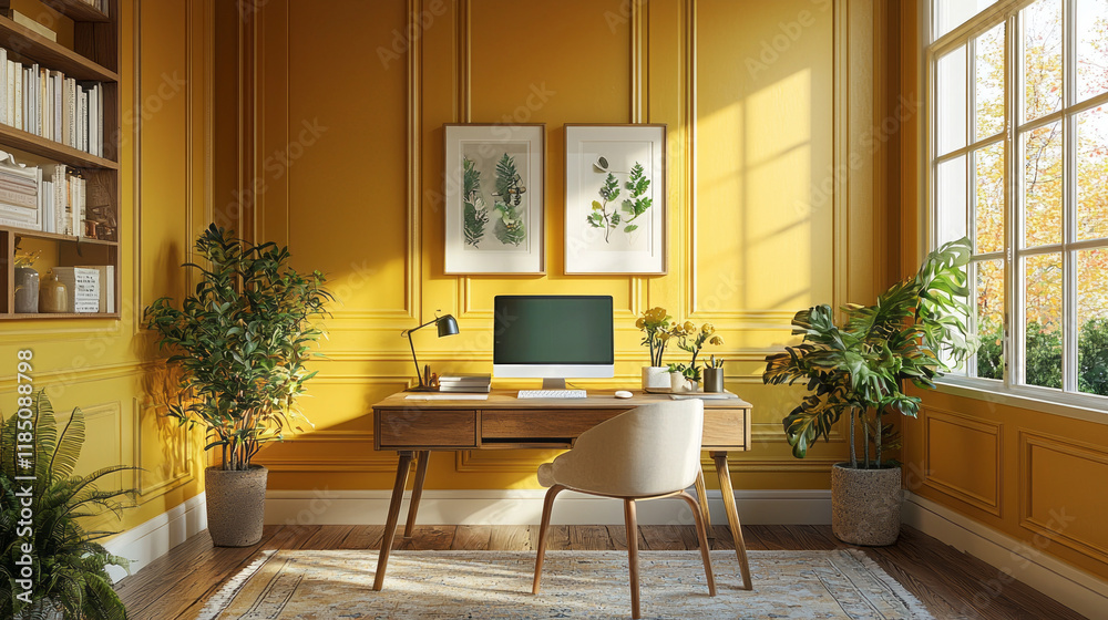 Fototapeta premium A luxurious home office features butter yellow walls and abundant greenery, inviting natural light through large windows. Elegant artwork and a chic desk enhance the creative atmosphere