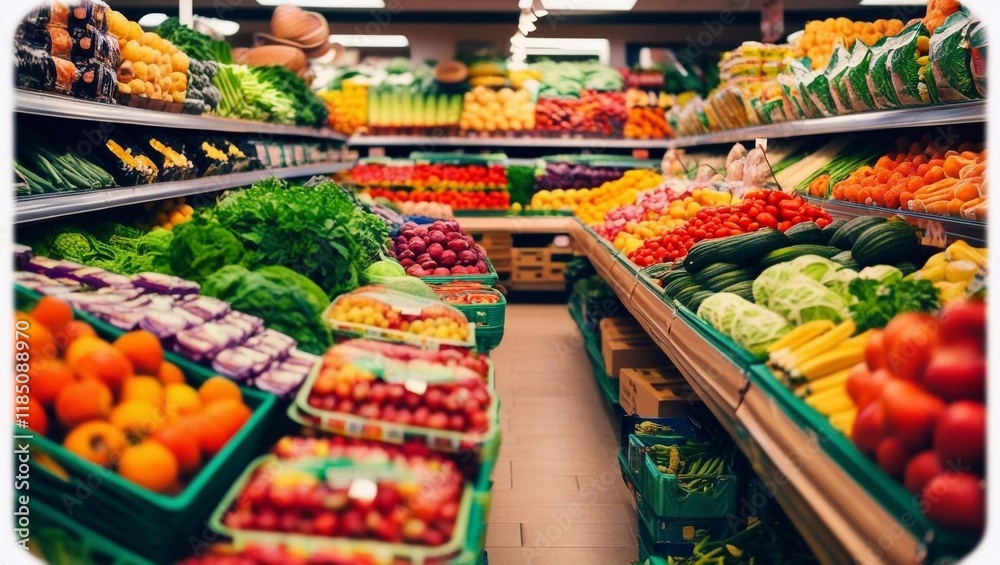 Obraz premium Blurred crowded grocery store features shoppers exploring aisles stacked with fresh fruits, vegetables, and various packaged items