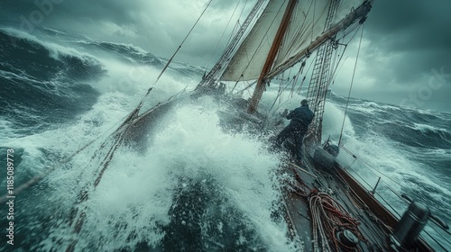 Classic sailboat navigating stormy ocean waves, sailors battling strong winds and high seas.