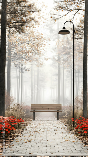 Autumnal Park Pathway 3D Render: Misty Woods, Wooden Bench, Stone Path, Lamppost photo