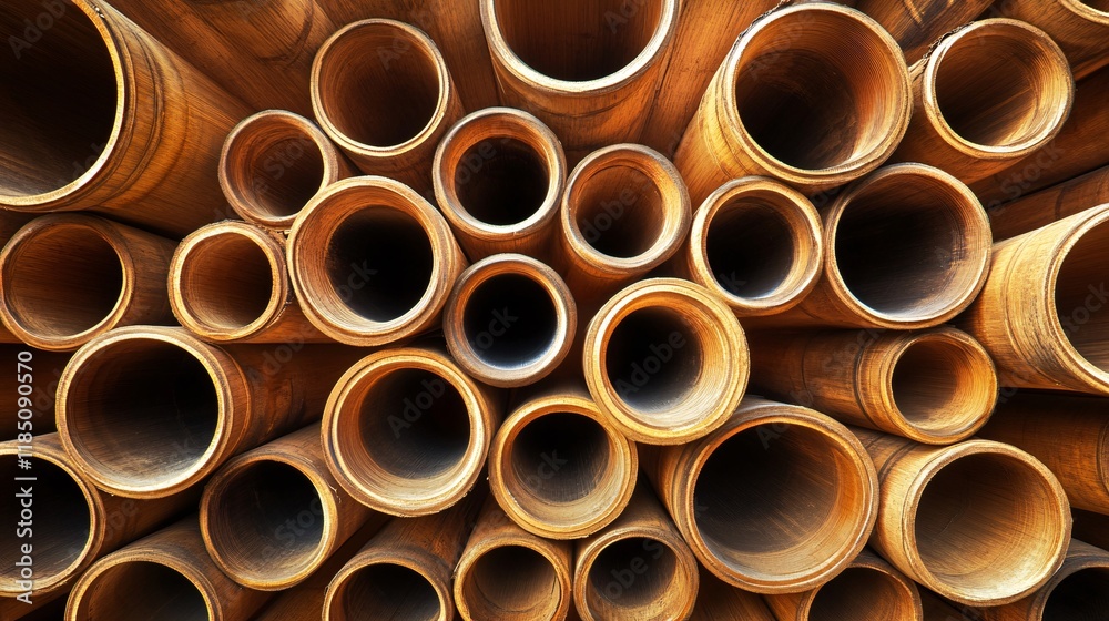 A close-up view of numerous bamboo tubes stacked together, showcasing their natural texture and rich hues. A close-up view of numerous bamboo tubes stacked together, showcasing their natural texture and rich hues.