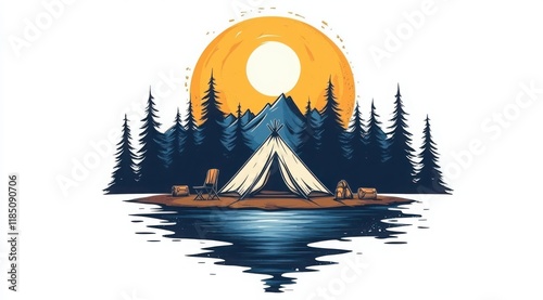 Camping scene by the lake with mountains and sunset in a vibrant natural setting, cartoon style sketch 
