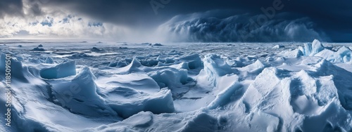 An awe-inspiring perspective of a massive, remote ice floe with intricate, fractal-like ice patterns and a rare