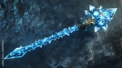 Icy frostbloom mace: fantasy weapon with frostbite effect - stock photo. Frostbloom. Illustration photo