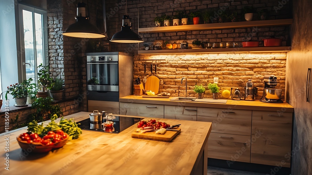 Rustic Brick Kitchen Interior Design: Warm Lighting, Wooden Cabinets, and Fresh Produce