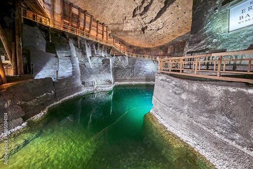 Underground lake deep down in the 13th century Wieliczka Salt Mine which is one of the world's oldest salt mines, Wieliczka, Poland, Europe