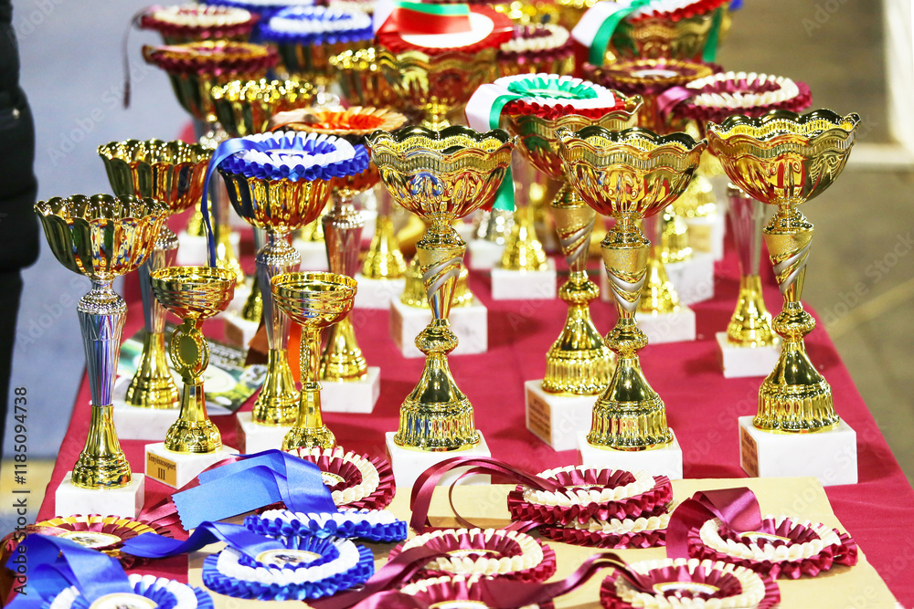 Naklejka premium Group of shiny golden trophies in a rows waiting for competitors and winners