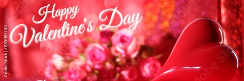 Принти на полотні An expressive display of a glossy red heart surrounded by lush pink roses, set against a dreamy red background, evoking love and the spirit of Valentine's Day