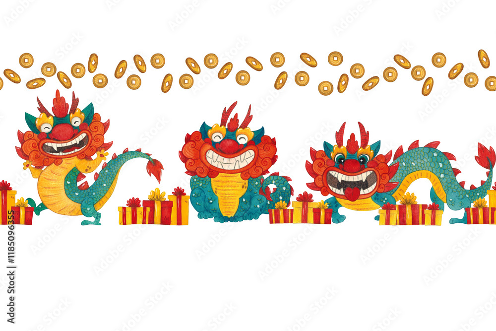 Fototapeta premium Seamless border with Chinese dragon, boxes with gifts and coins on a white background. Watercolor illustration drawn by hand. Drawing for stickers, posters, postcards, printing on fabric. Chinese new 