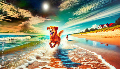 dog running on the beach
