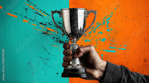  Contemporary artistic collage featuring a hand holding a trophy, symbolizing achievement, success, and victory in a modern, dynamic, and visually engaging style.