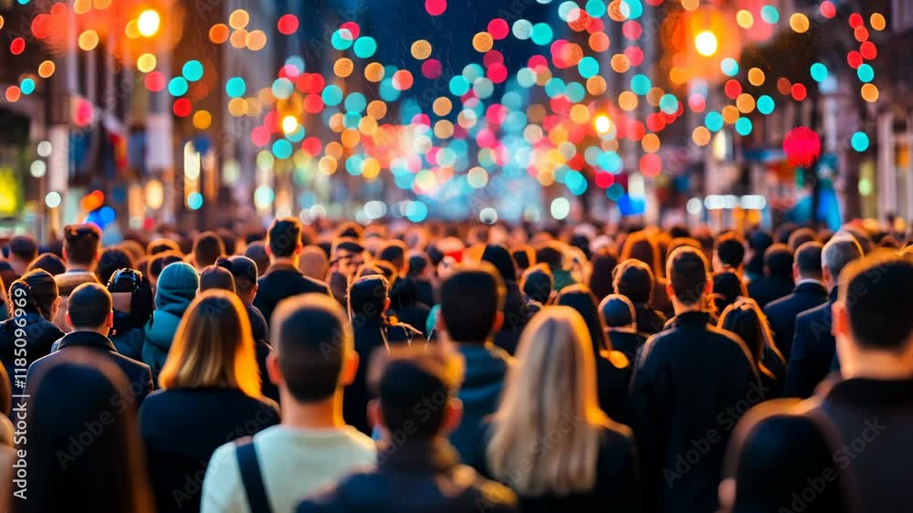 Crowd of people walking down a city street illuminated by colorful lights during an evening event Crowd of people walking down a city street illuminated by colorful lights during an evening event